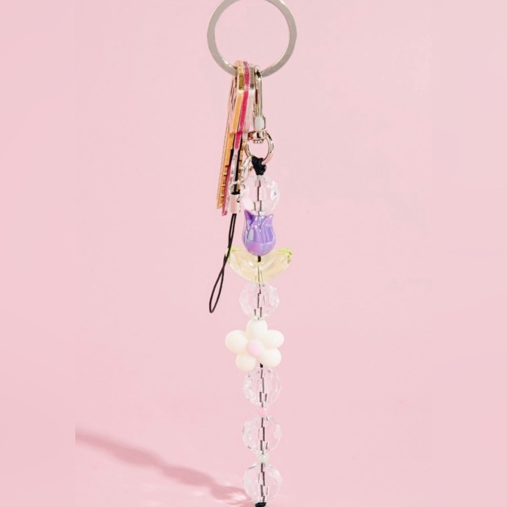 Crystal Bead Floral Phone Charm - Purple Tulip & White Flower